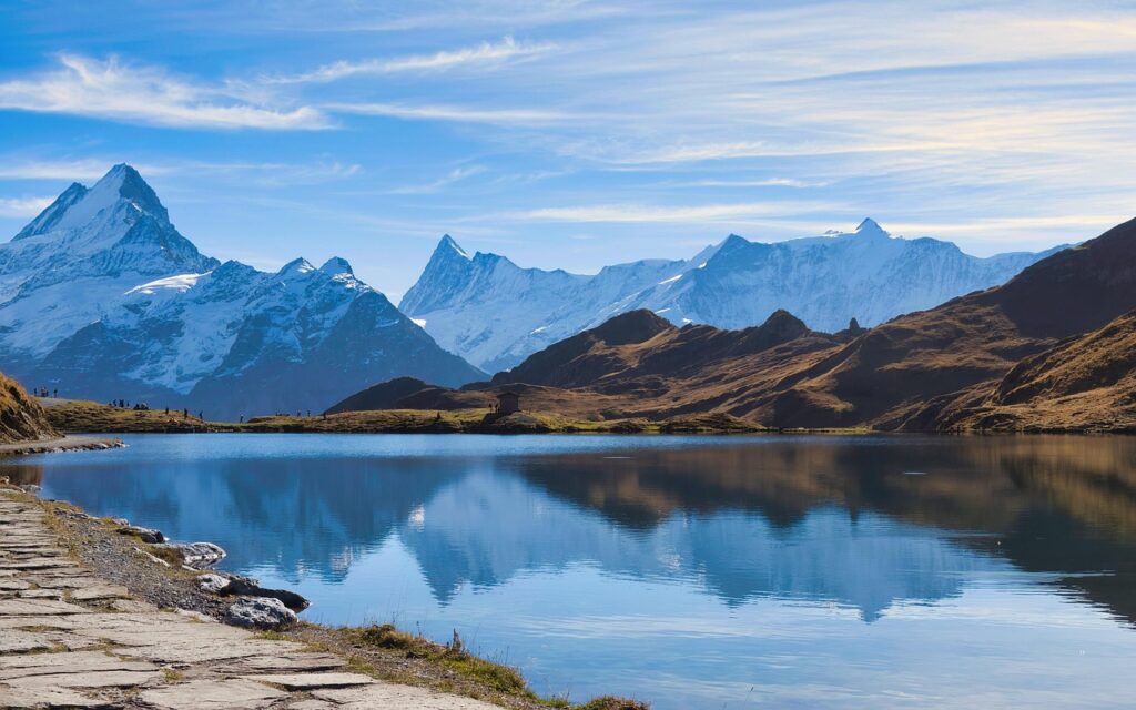 bachalpsee, lake, nature background, mountains, grindelwald, alps, switzerland, nature wallpaper, autumn, nature, reflection, water, scenery, beautiful nature, tourism, hd wallpaper